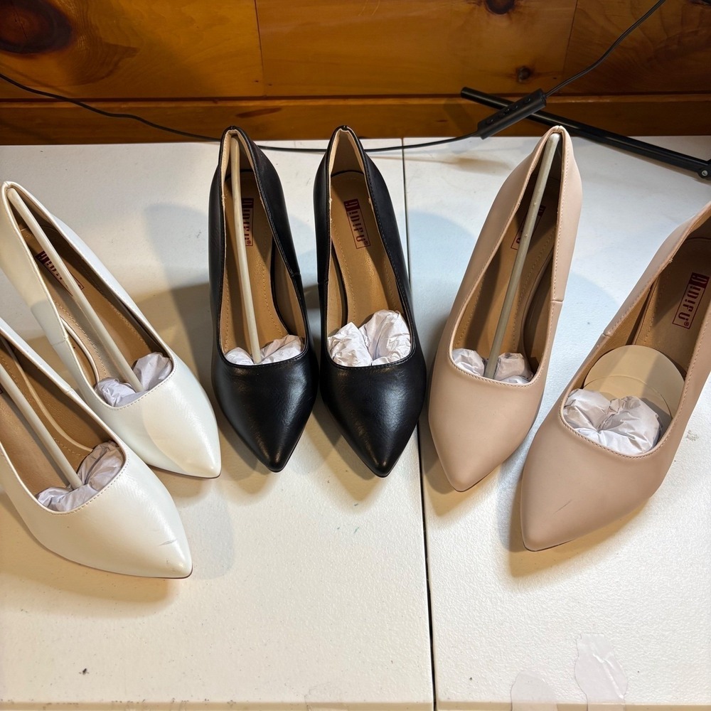 IDIFU Women Pointed Toe Block Heel Pumps Black White Nude Set of 3 Pairs